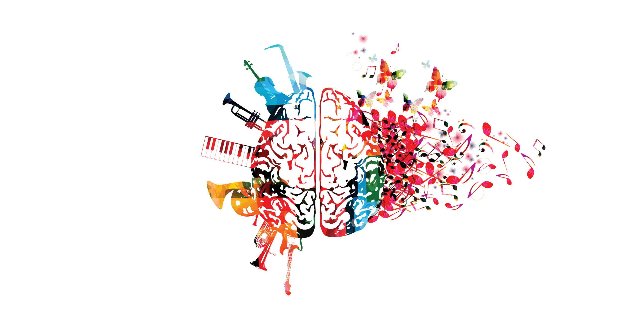 cervello con note e strumenti musicali